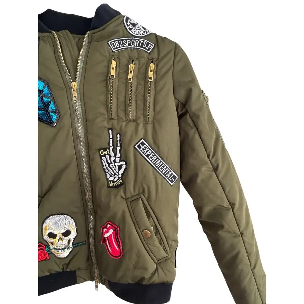 Rich Boys Bomber Jacket 10-12 Pockets Patches Skull Peace Money Olive Green